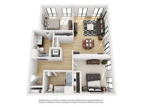 Floor plan for 2 beds, 2 baths, 995 sqft